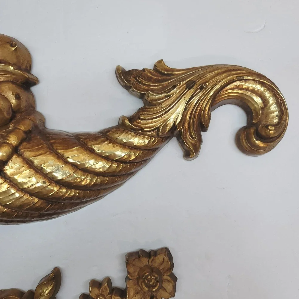 Vintage 1965 Syroco Gold Cornucopia Wall Plaques Fruit Floral Pair 5370 USA